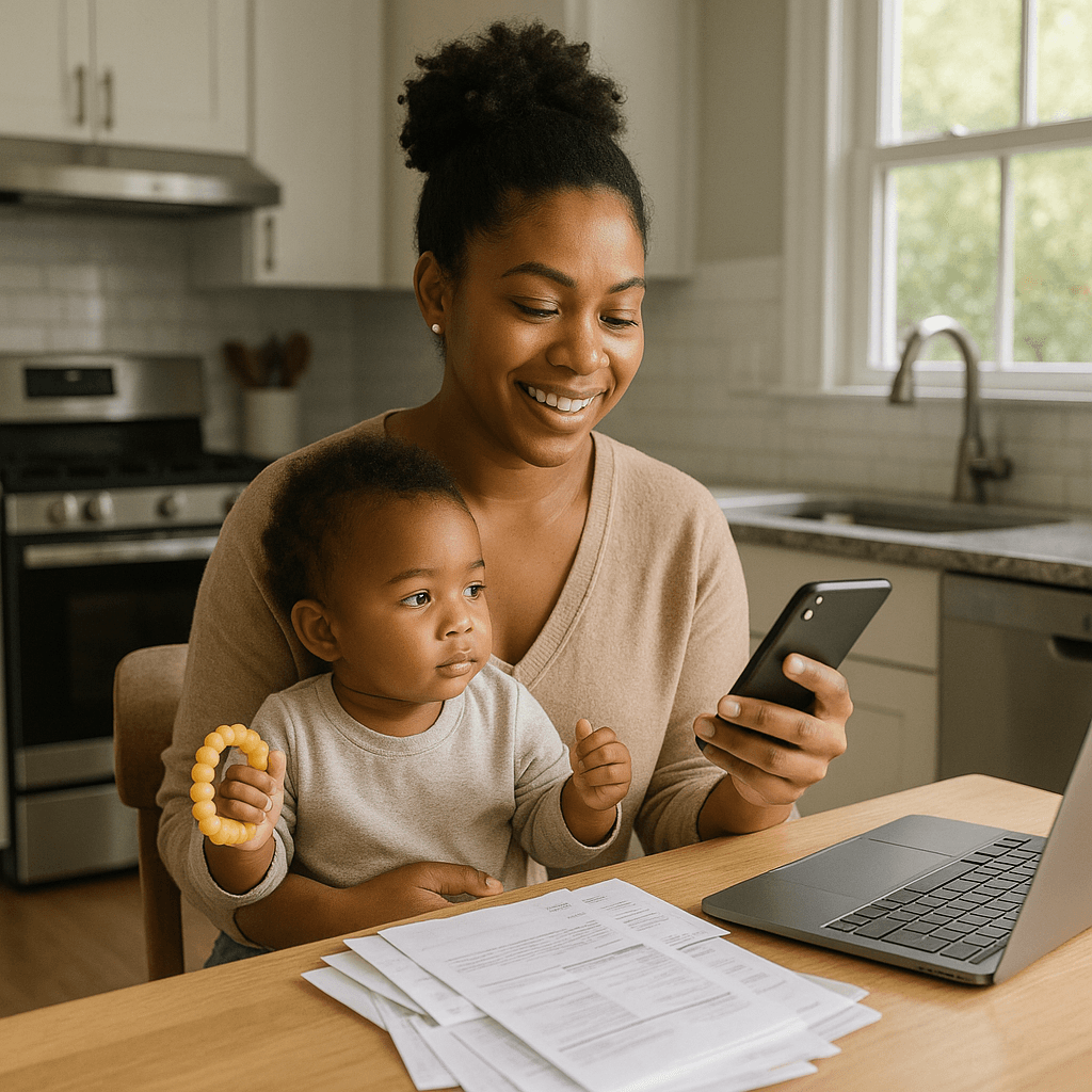 Woman paying bills with a toddler on her lap.